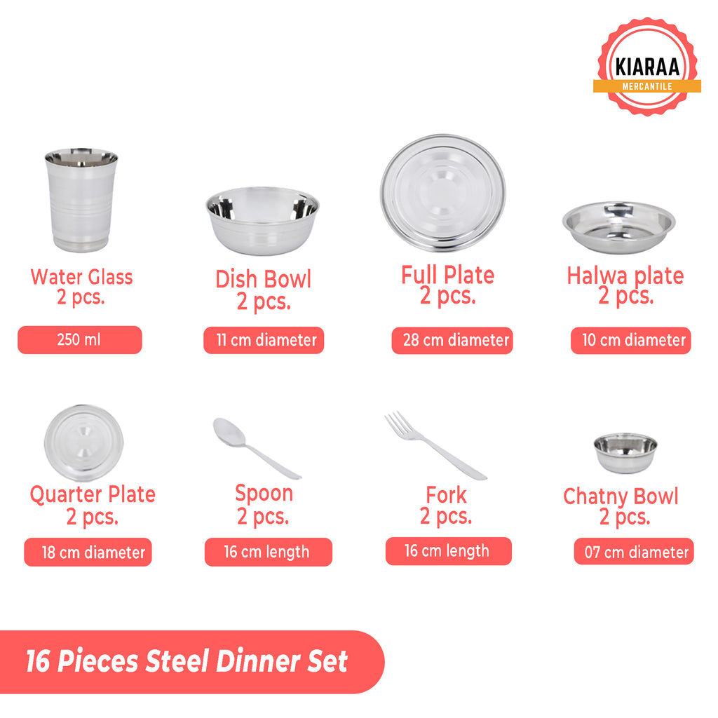 KIARAA Pack of 16 Pieces Stainless Steel Dinner Set