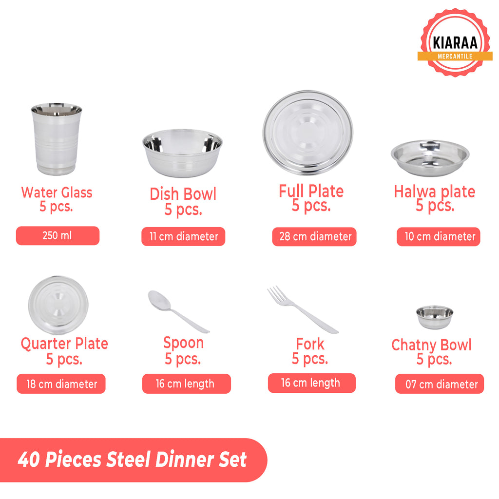 KIARAA PACK OF 40 PIECES STAINLESS STEEL DINNER SET