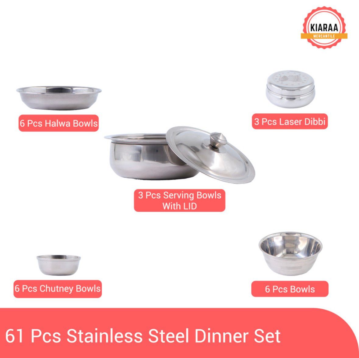 Pack of 61 Stainless Steel Dinner Set  (Silver, Microwave Safe)