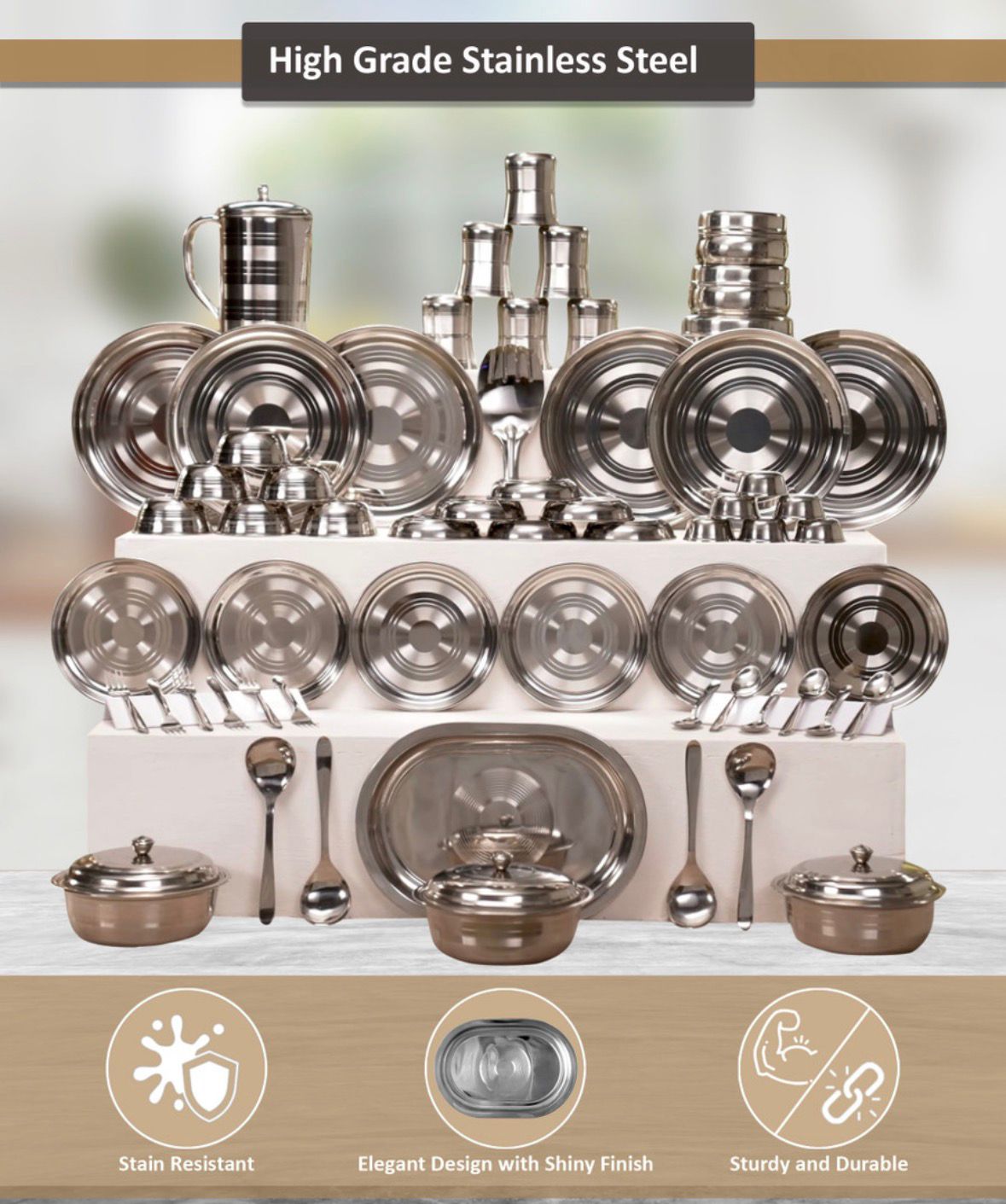 Pack of 61 Stainless Steel Dinner Set  (Silver, Microwave Safe)